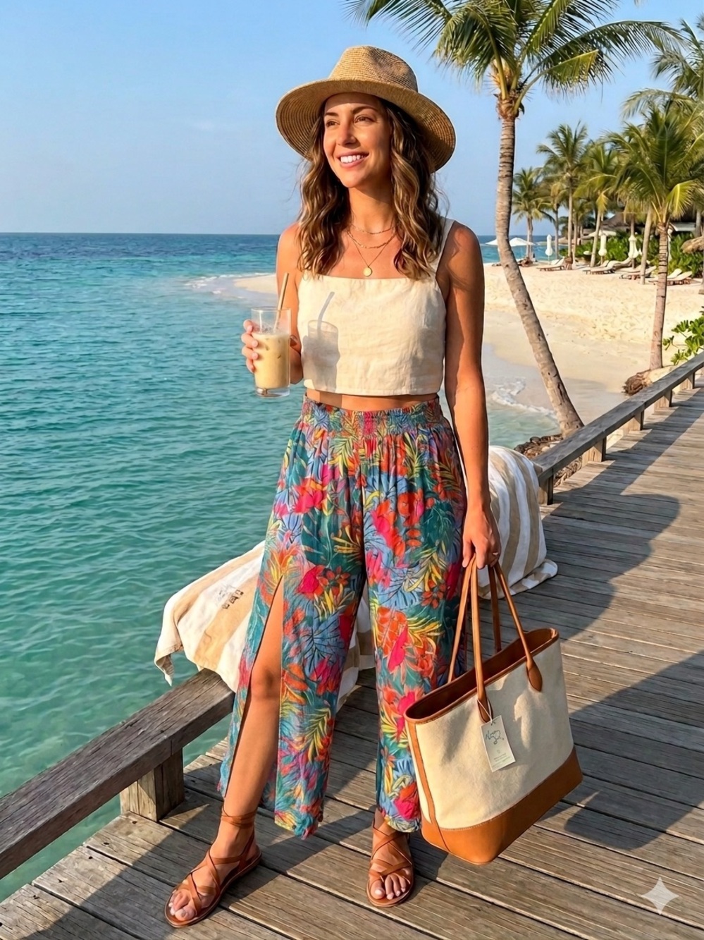 Kona Sol Teal Multicolor Tropical Wide Leg Pants - Picture 7 of 7
